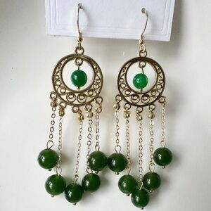 Gold and Green Dangle Earrings, 3 inches long